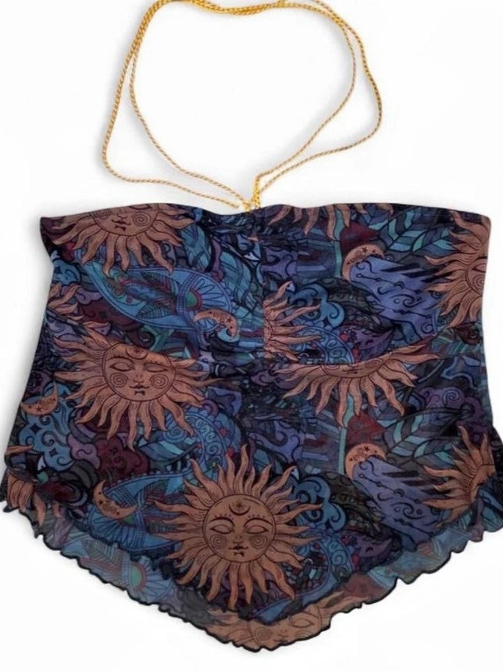 Earthbound Trading Co. Celestial Draped Mesh Halter Top. Blue & Brown Medium